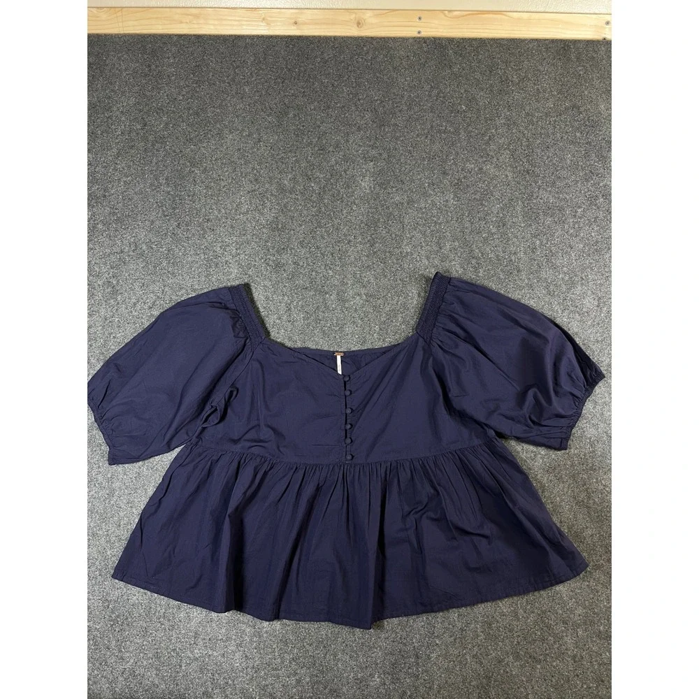 Free People Navy Blue Cotton Puff Sleeve Babydoll Blouse Top Large